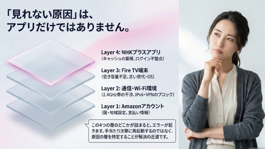 エラー原因の4階層 見れない原因を4つの層(アプリ、端末、通信、アカウント)に分けた図解