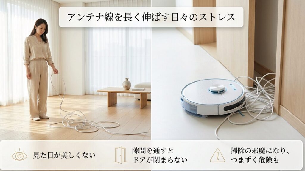 長いアンテナケーブルを這わせる日々のストレスや見た目の悪さ