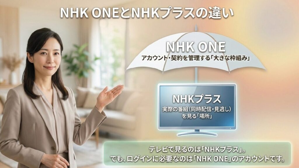 NHK ONEはアカウント管理の枠組み、NHKプラスは番組を見る場所