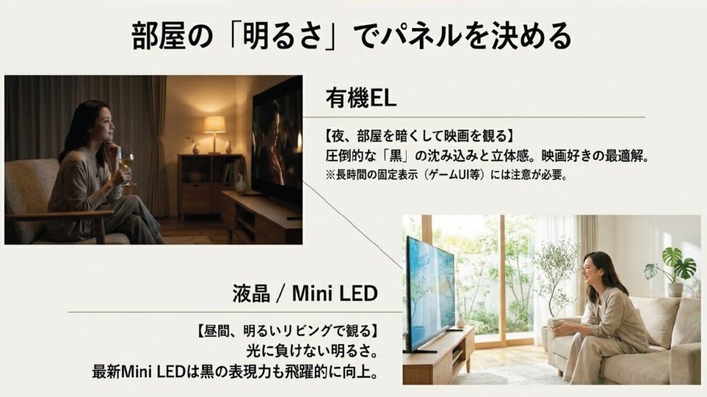 部屋の明るさで決めるテレビパネル:有機ELと液晶・Mini LEDの違い 部屋の明るさで決めるテレビパネル:有機ELと液晶・Mini LEDの違い