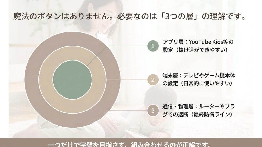 テレビのYouTube制限に必要な3つの層（アプリ層、端末層、通信・物理層）