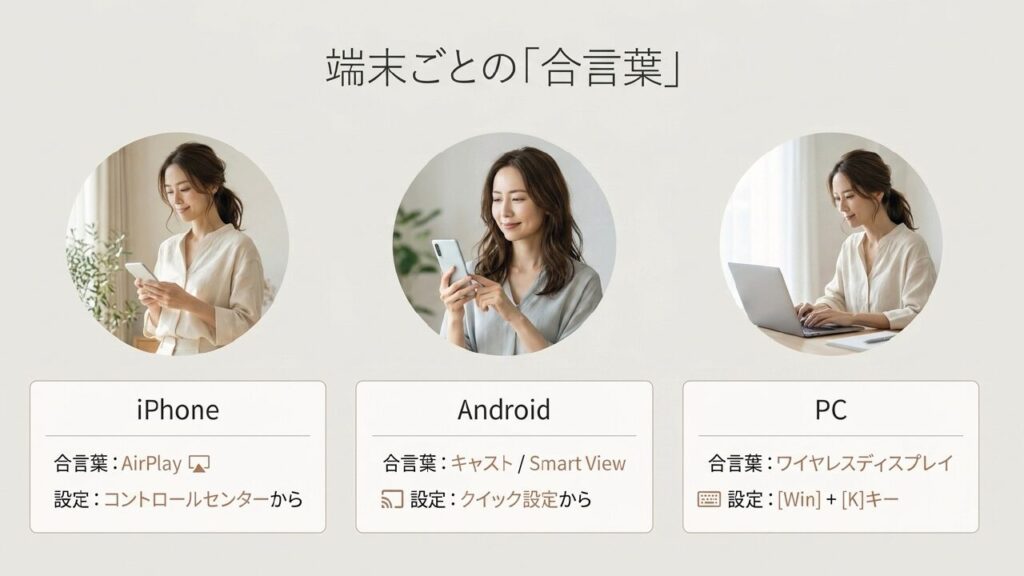 あなたのスマホ・PCの接続方法。iPhoneはAirPlay、Androidはキャスト、WindowsはWin+K