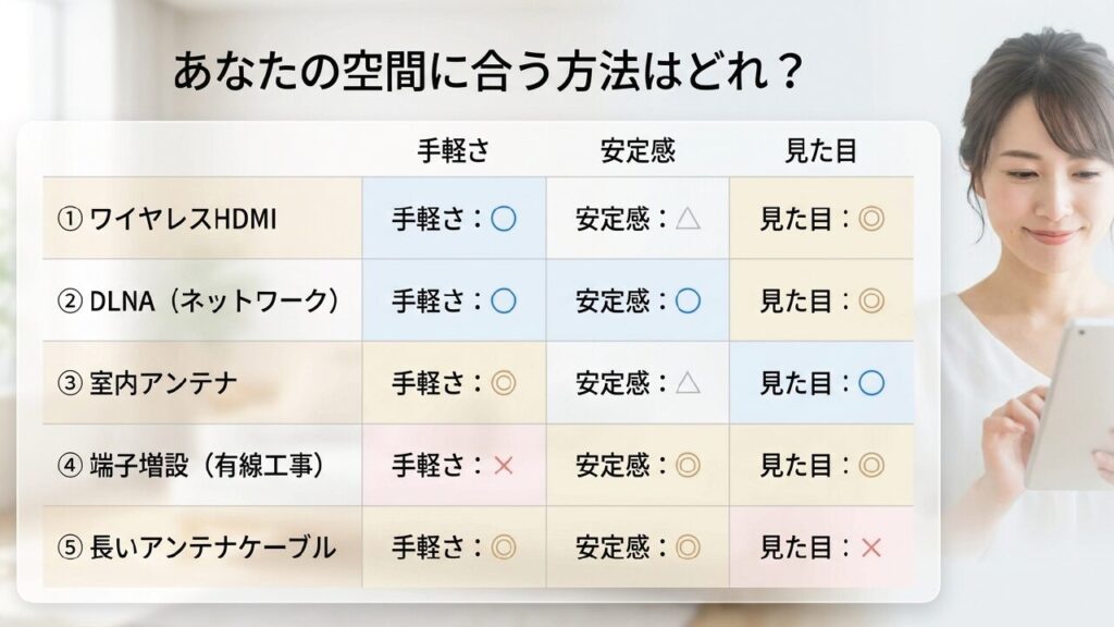 ワイヤレスHDMI、DLNA、室内アンテナなどの手軽さ・安定感・見た目の比較表