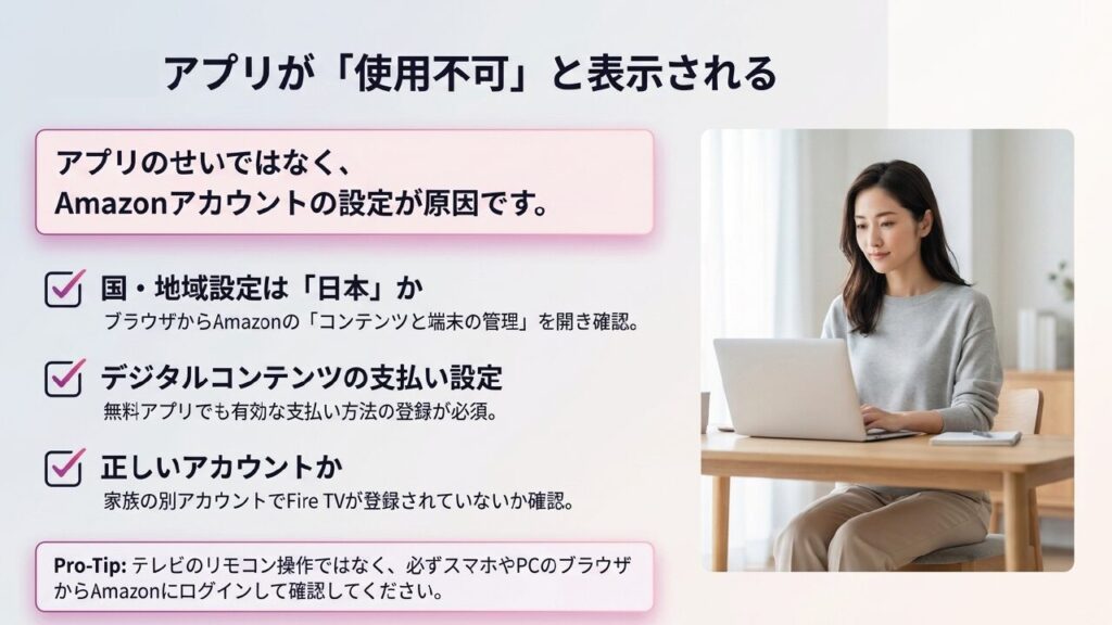 アプリが使用不可になる原因はAmazonアカウント設定にあることを示すスライド