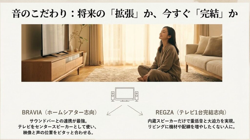 テレビの音響のこだわり:ホームシアター拡張のBRAVIAか1台完結のREGZAか テレビの音響のこだわり:ホームシアター拡張のBRAVIAか1台完結のREGZAか