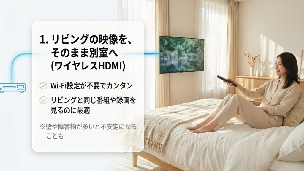 ワイヤレスHDMIはWi-Fi設定不要でリビングの映像をそのまま別室へ送れる
