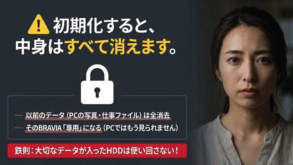 初期化すると中身はすべて消えBRAVIA専用になるので使い回しは避ける