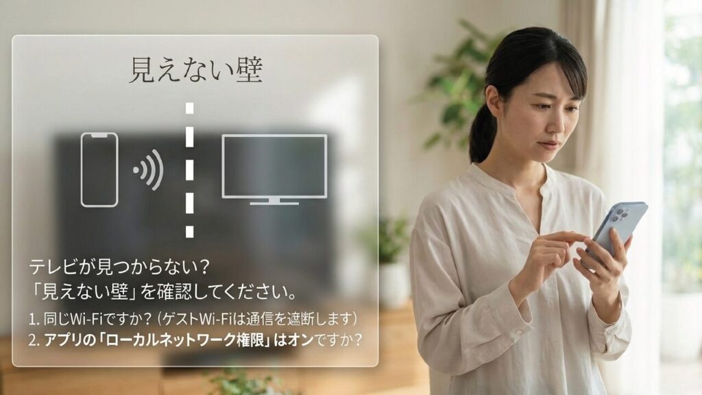 テレビが見つからない時の見えない壁（Wi-Fi、ローカルネットワーク権限）