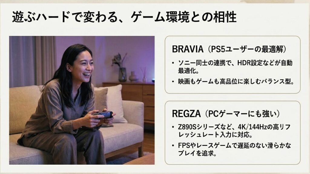 遊ぶハードで変わるゲーム環境との相性:PS5向けBRAVIAとPCゲーマー向けREGZA 遊ぶハードで変わるゲーム環境との相性:PS5向けBRAVIAとPCゲーマー向けREGZA