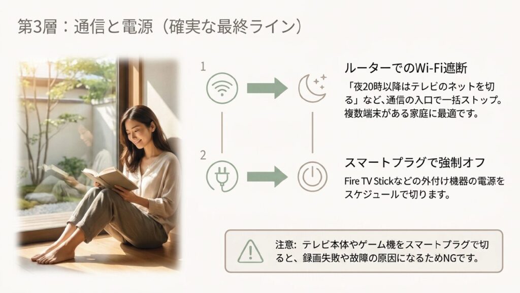 第3層通信と電源 ルーターでのWi-Fi遮断とスマートプラグでの強制オフ