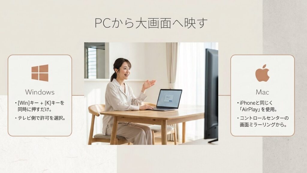Windows PCからビエラへ映すワイヤレスディスプレイの手順。WinキーとKキーを同時押し