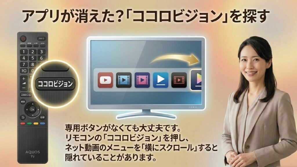 リモコンのココロビジョンからネット動画メニューを横スクロール