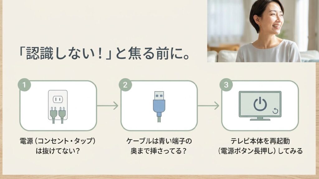 外付けHDDを認識しない時に確認する電源、ケーブル、テレビ再起動の3ステップ