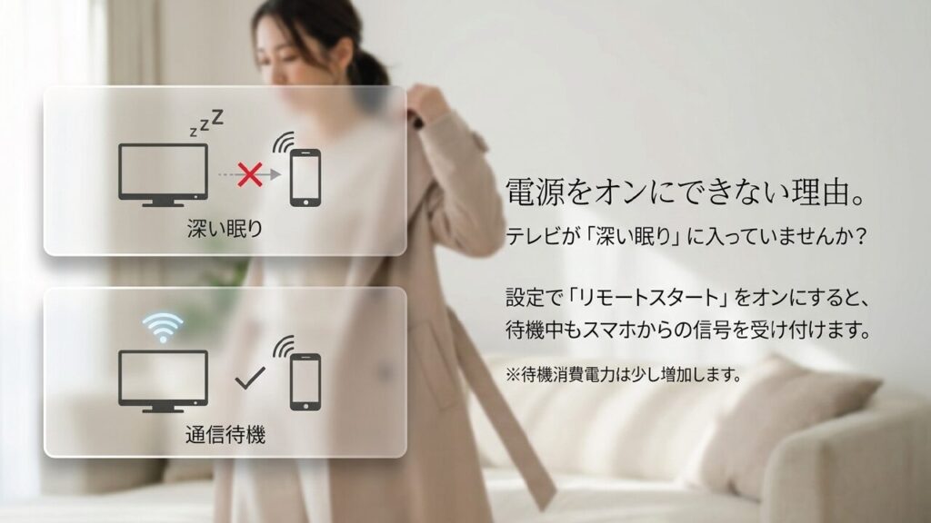 電源をオンにできない理由はテレビの深い眠り。リモートスタートをオンに