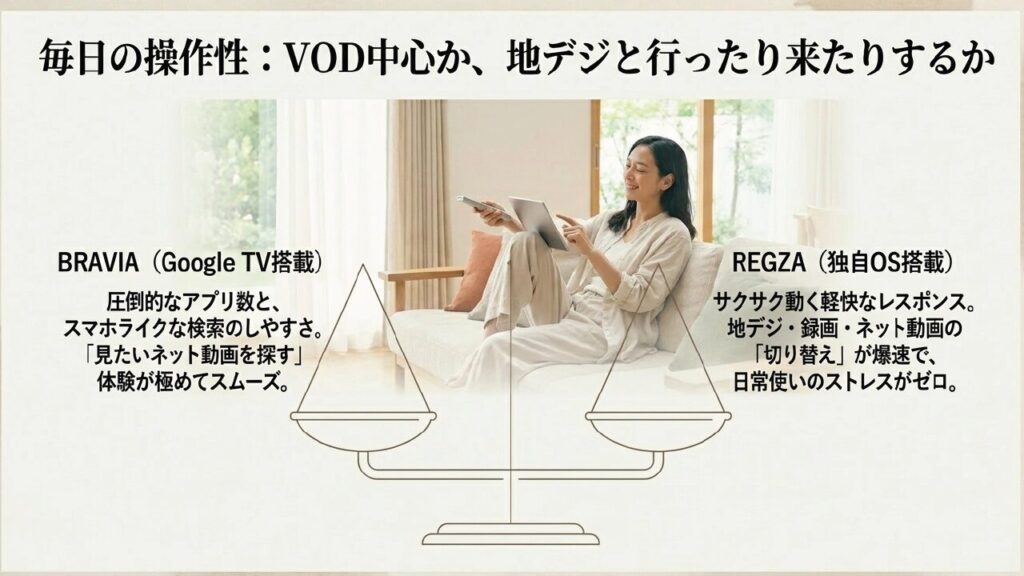 毎日の操作性比較:Google TV搭載のBRAVIAと独自OSのREGZA 毎日の操作性比較:Google TV搭載のBRAVIAと独自OSのREGZA