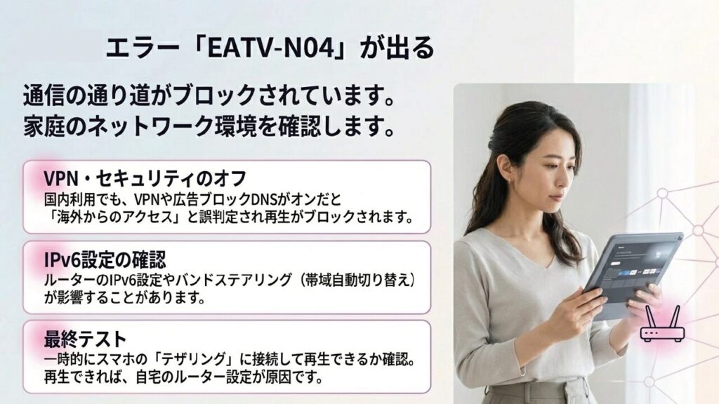 EATV-N04エラーはVPNやIPv6などネットワークブロックが原因