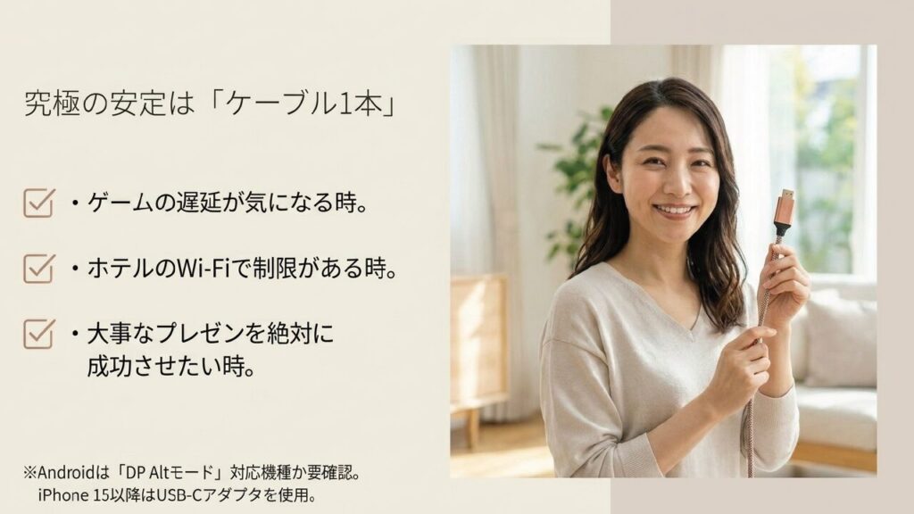 迷ったら有線ケーブルが最強。遅延なしでプレゼンやゲームに最適。映像出力と給電対応が重要