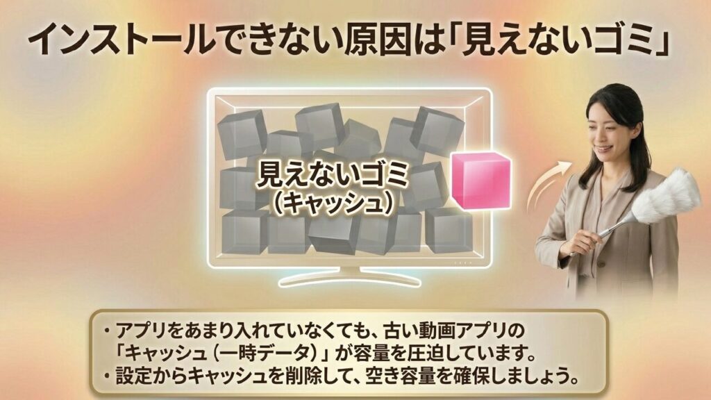 インストールできない原因は見えないゴミ（キャッシュ）