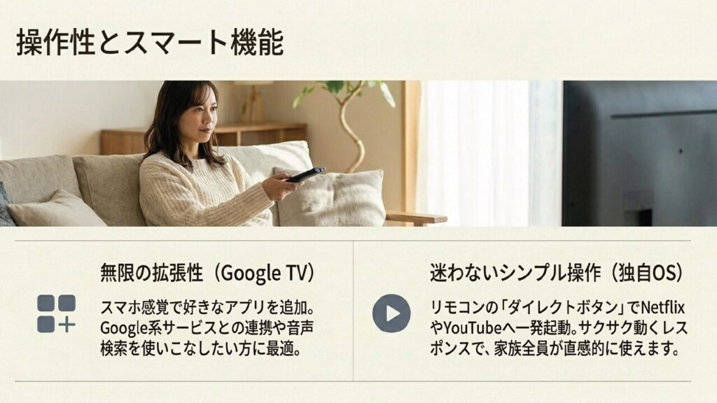 スマート機能と操作性 Google TVの拡張性と独自OSのシンプル操作の比較