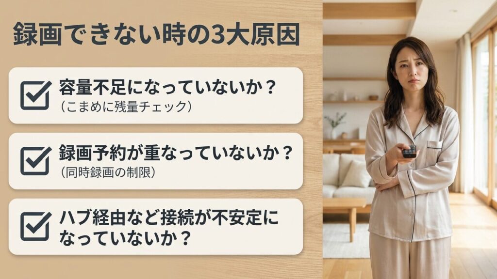 録画できない時の3大原因：容量不足、予約重複、接続不安定