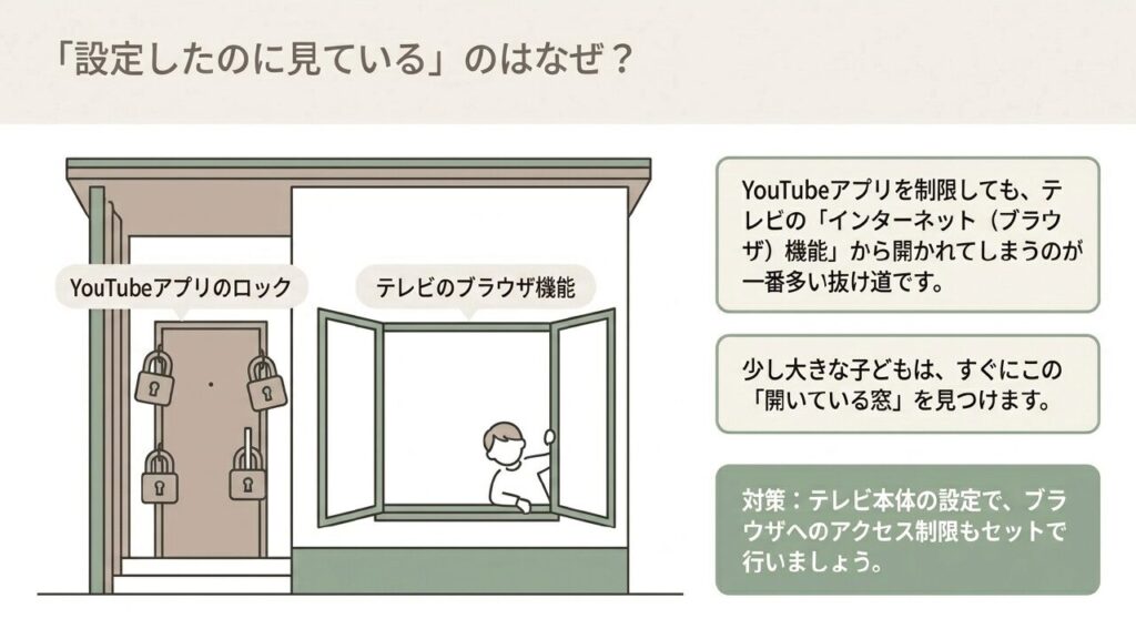 YouTubeアプリを制限してもテレビのブラウザ機能から見られる抜け道に注意