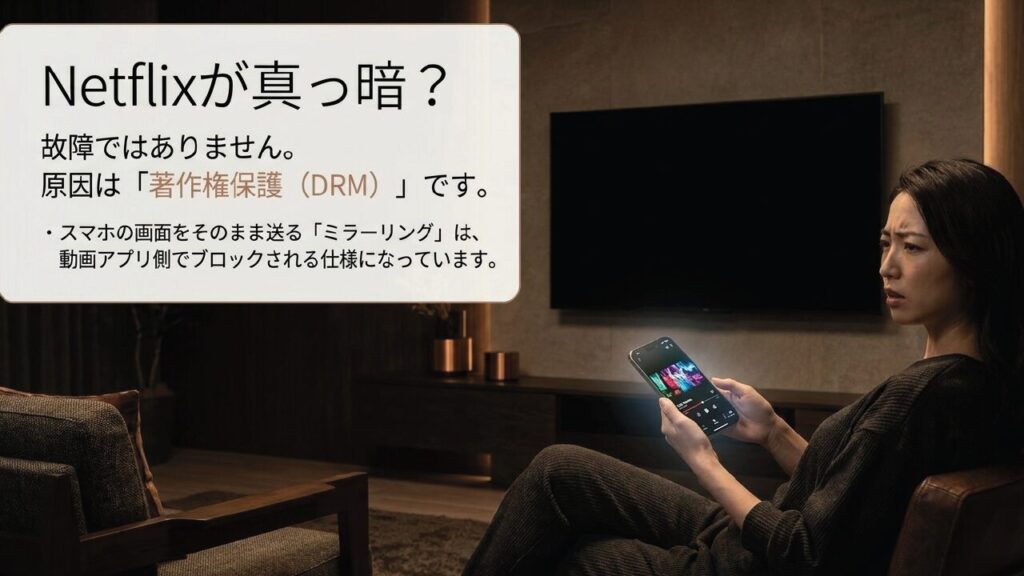 Netflix等の動画アプリが真っ暗になる理由。著作権保護のブロックを避けるためキャスト機能を使う