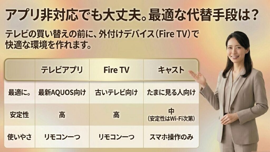 テレビアプリ、Fire TV、キャストの最適デバイス比較表