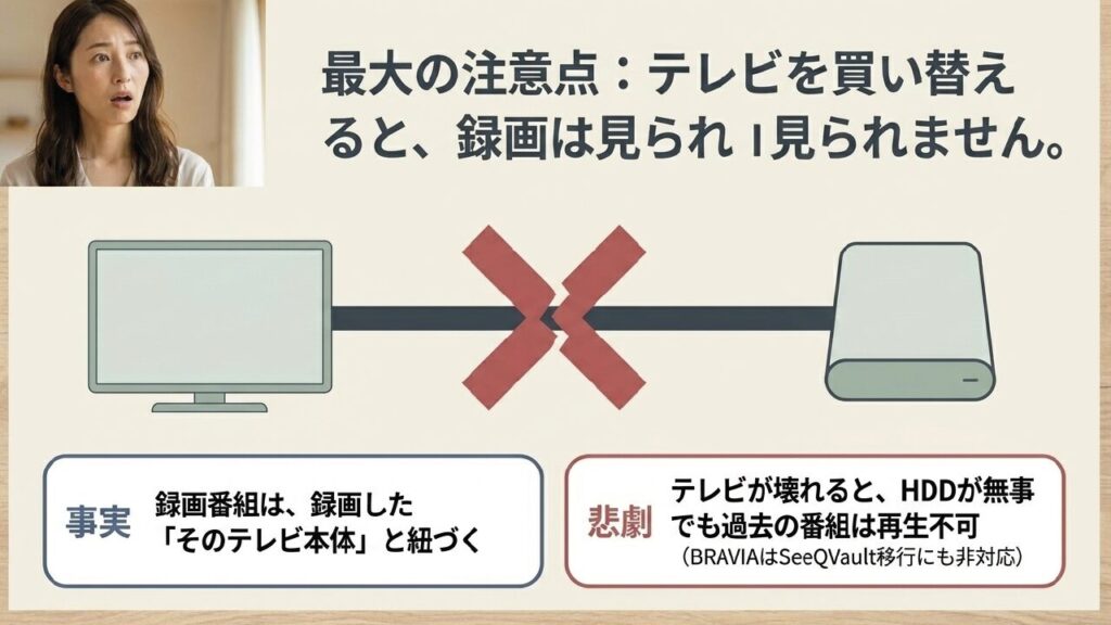 テレビを買い替えると外付けHDDの録画データはテレビ本体と紐づいているため見られなくなる