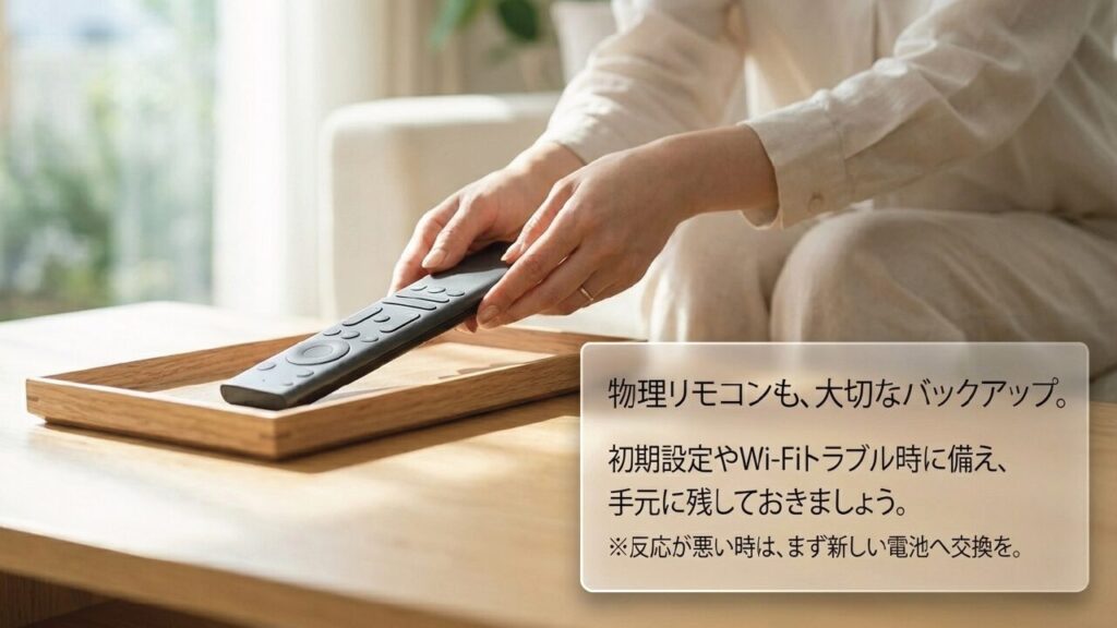 物理リモコンも大切なバックアップ。初期設定やトラブル時に備える