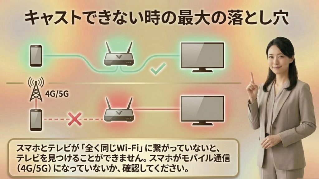 スマホとテレビが全く同じWi-Fiに繋がっていないとキャストできない