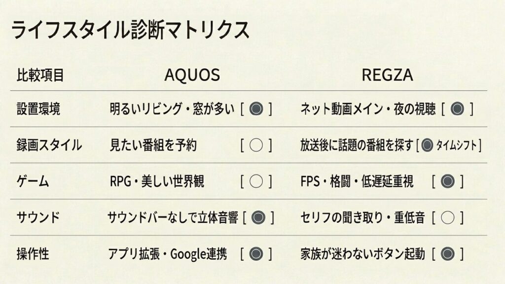 ライフスタイル診断 ライフスタイル別AQUOSとREGZAの診断マトリクス表