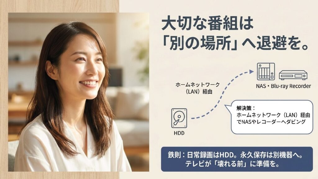 大切な録画番組はテレビが壊れる前にホームネットワーク経由でNASやレコーダーへダビングして退避する