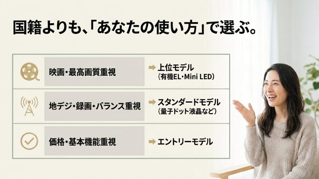 使い方に合わせたREGZAの選び方 国籍よりも自分の使い方に合わせてREGZAのモデルを選ぶ