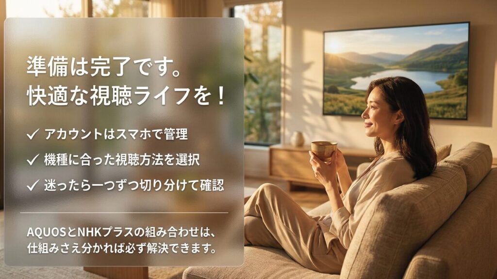 アカウントはスマホで管理、機種に合った視聴方法を選択し準備完了