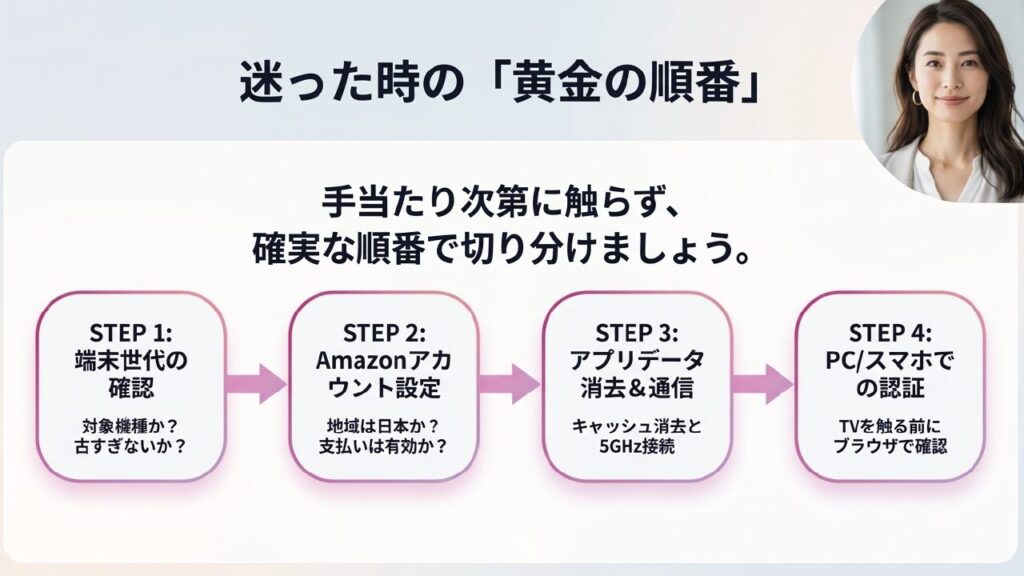 迷った時の確認手順 トラブル解決のための黄金の順番(端末→アカウント→アプリ→認証)