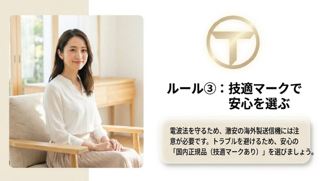 トラブルを避けるため電波法に適合した技適マークのある国内正規品を選ぶ