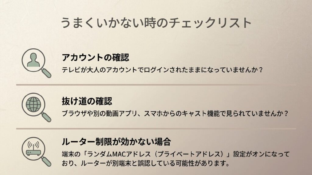 YouTube制限がうまくいかない時のチェックリスト（アカウント確認、抜け道、ルーター設定）