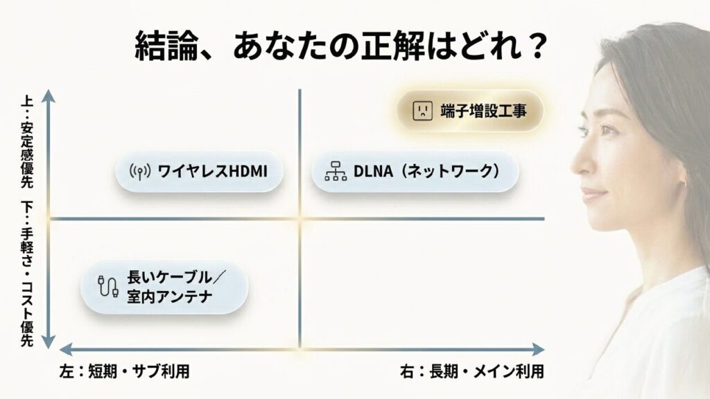 安定感優先の端子増設か、手軽さ優先の無線化かを判断するマトリクス図