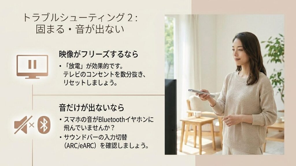 映像は出るのに音が出ない時の解決法。ワイヤレスイヤホンやサウンドバーの入力を確認