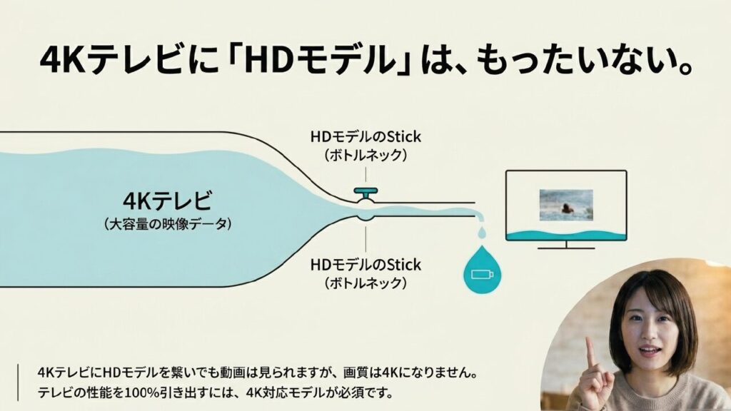 4KテレビにHDモデルはもったいない 4KテレビにHDモデルを繋いだ場合の画質のボトルネック図解