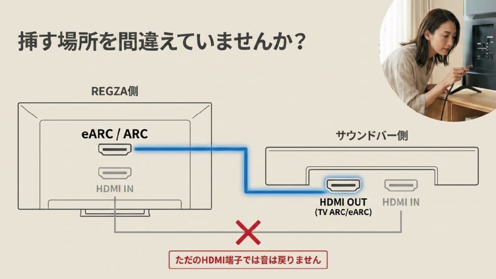REGZAのeARC/ARC端子とサウンドバーのHDMI OUT端子の正しい接続図