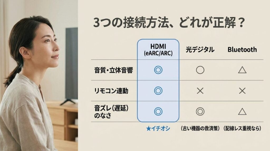 HDMI、光デジタル、Bluetoothの接続方法3つのメリット比較表