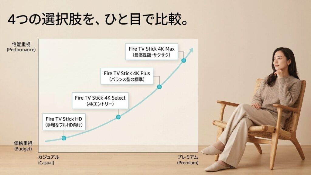 4つの選択肢をひと目で比較 Fire TV Stick 4モデルの価格と性能の比較グラフ