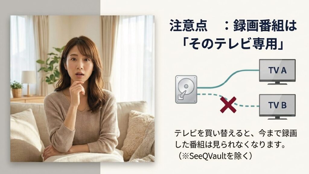 録画番組はそのテレビ専用となり買い替え時に引き継げない図解