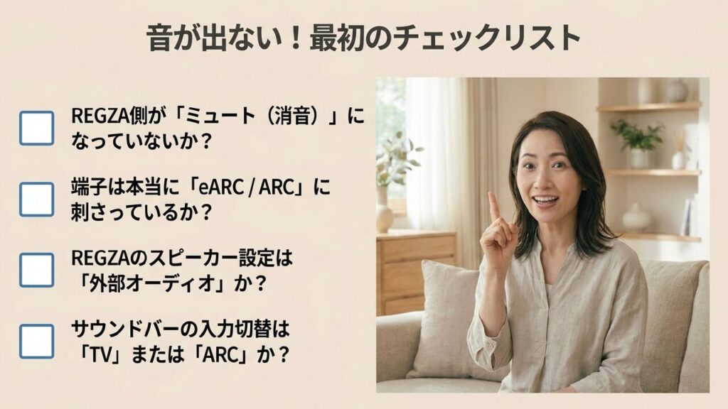 サウンドバーから音が出ない時に確認すべき最初のチェックリスト4項目