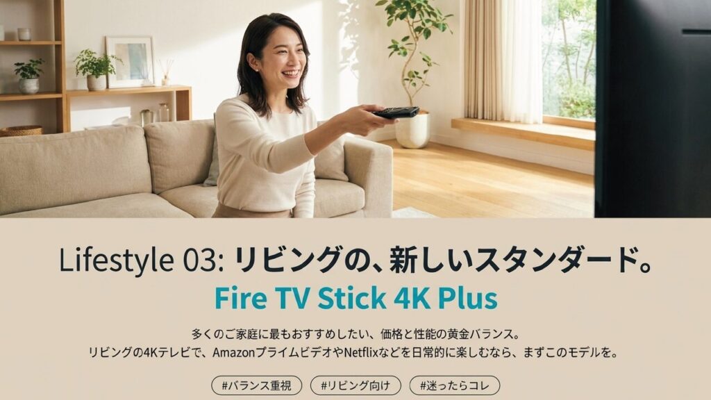 リビングの新しいスタンダード リビングのメインテレビでFire TV Stick 4K Plusを楽しむ女性