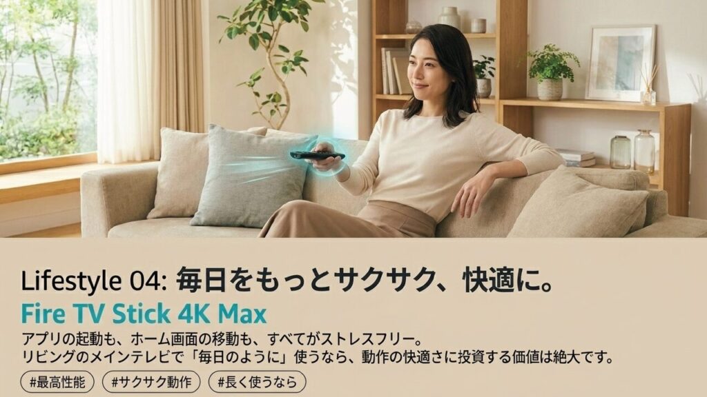 毎日をもっとサクサク、快適に Fire TV Stick 4K Maxでサクサクと快適な操作性を楽しむ様子