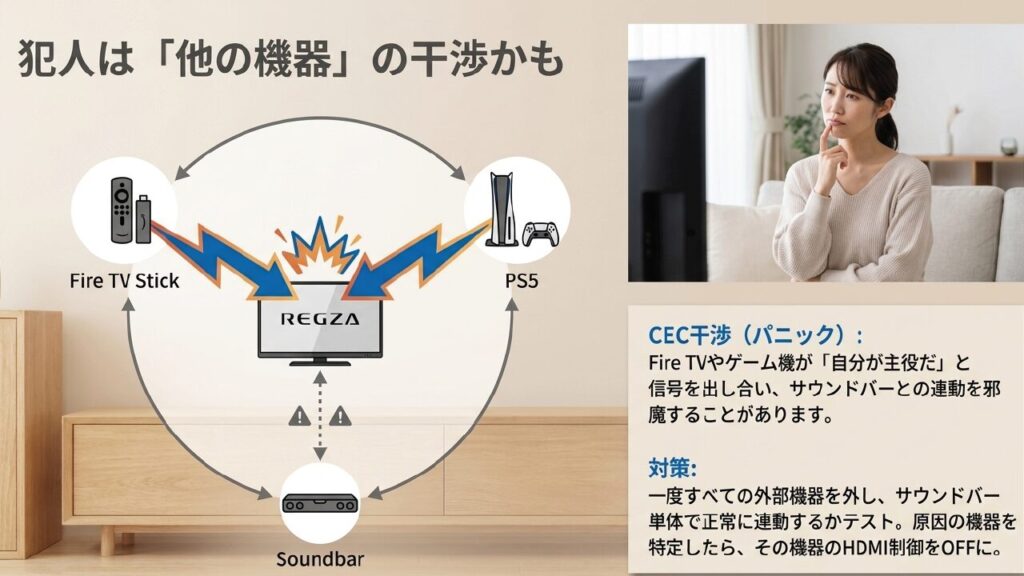 Fire TVやPS5などの外部機器によるCEC（HDMI連動）干渉の図解
