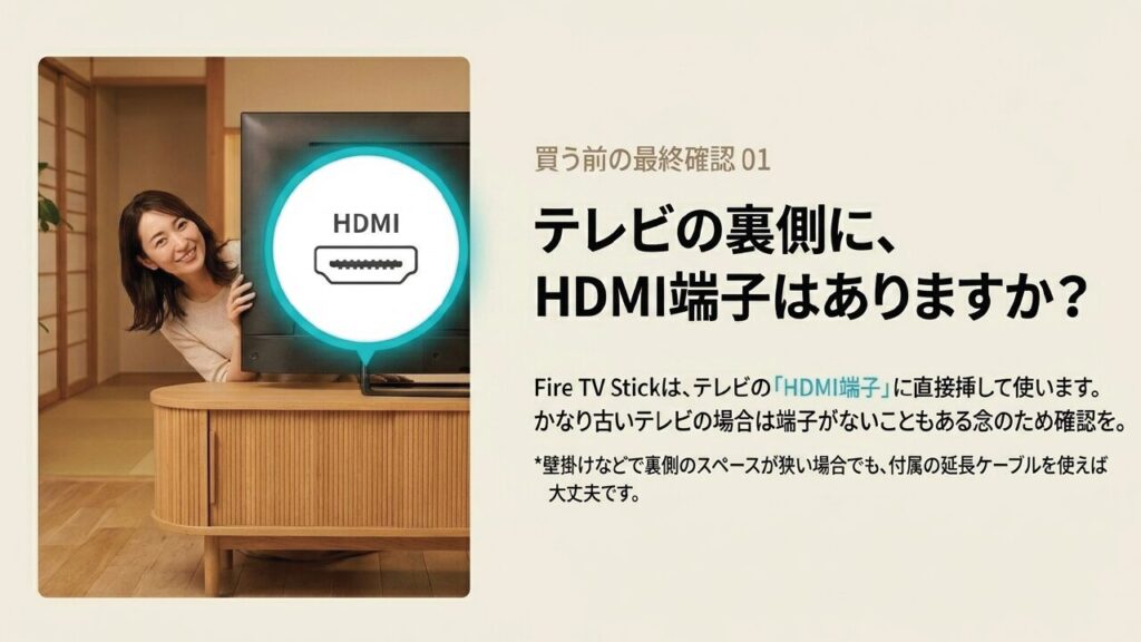 買う前の最終確認:HDMI端子 テレビ裏のHDMI端子の有無を確認するイメージ