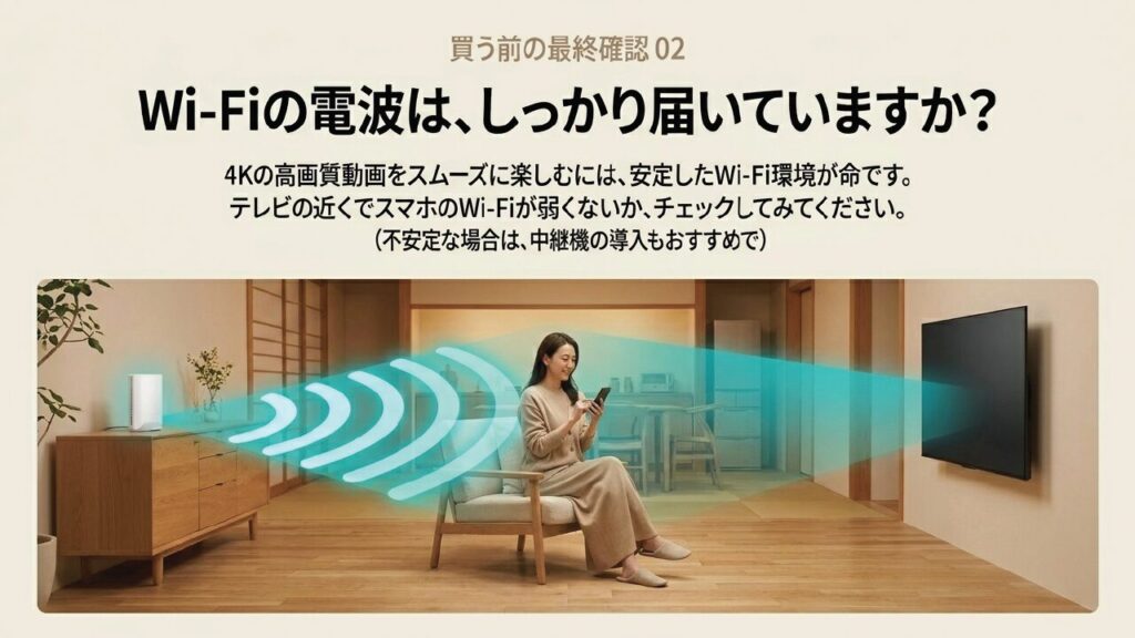 買う前の最終確認:Wi-Fi環境 リビングでの安定したWi-Fi電波を表現したイメージ